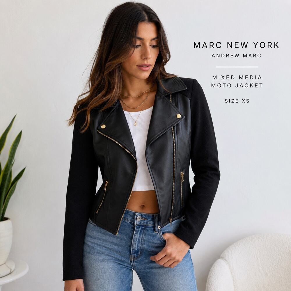 Marc New York Andrew Marc Black Mixed Media Moto Jacket XS Gold Zip Stretch Y2K
